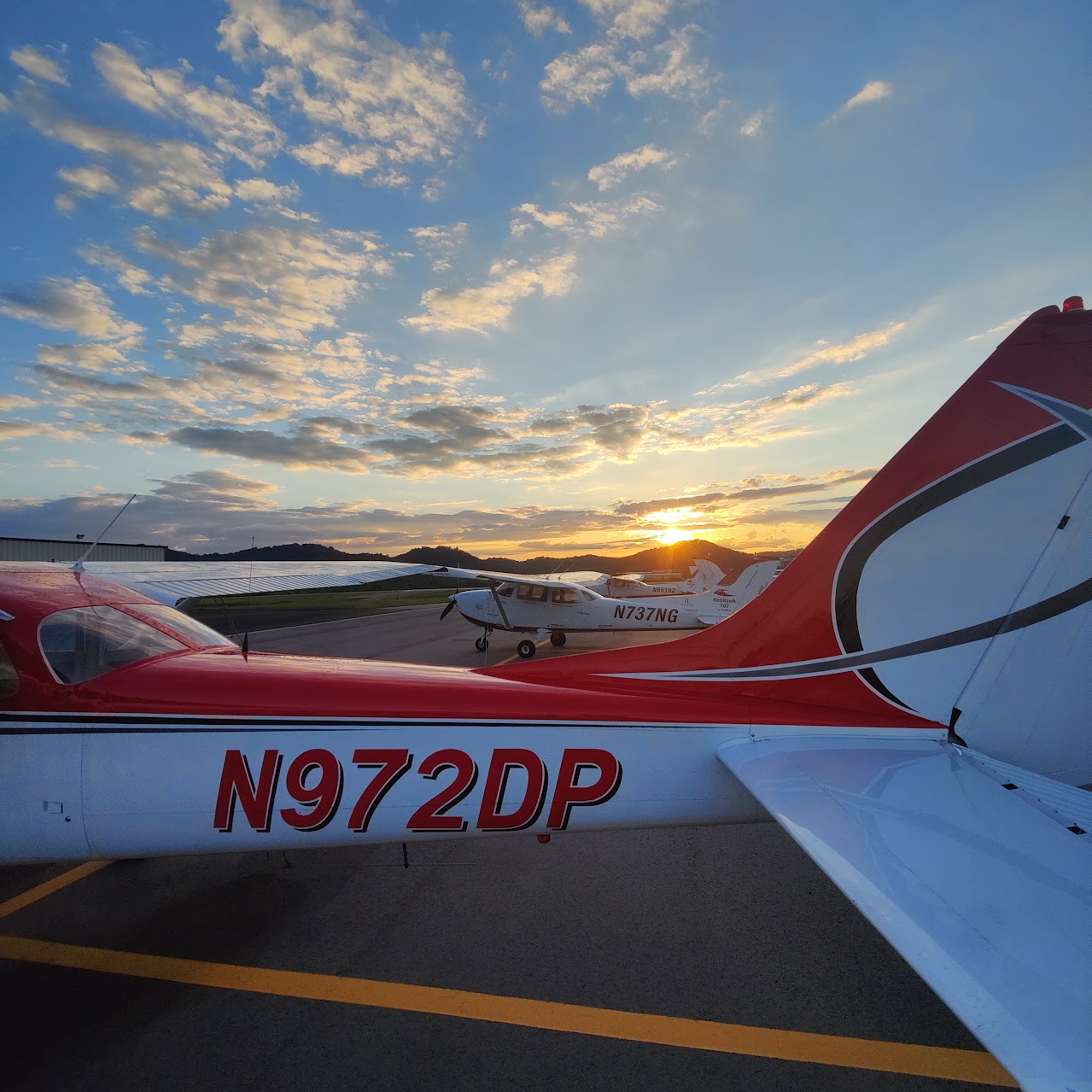 Cessna on the ramp at sunset during student pilot training